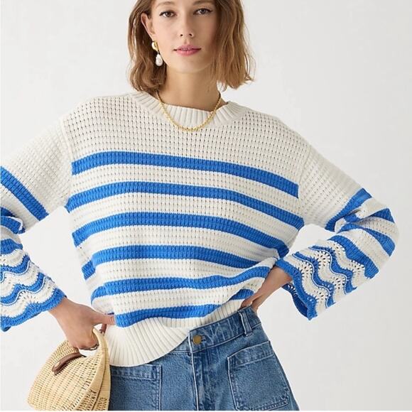 NWT J. Crew Textured Crewneck Pullover Sweater in Navy and Ivory Stripe - M - Picture 8 of 8
